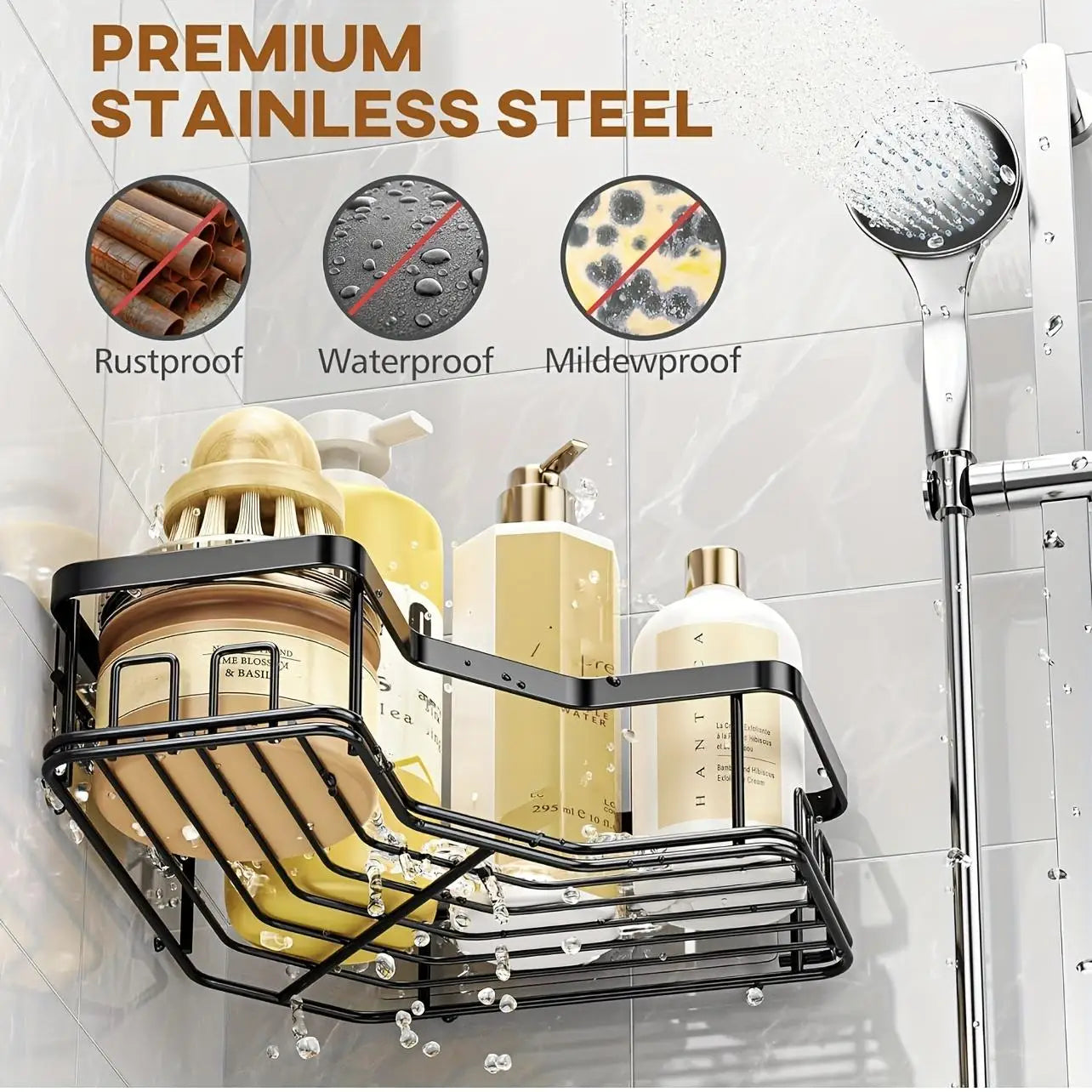 Adhesive Shower Organizer Set – No-Drill Stainless-Steel Bathroom Caddies & Storage Racks
