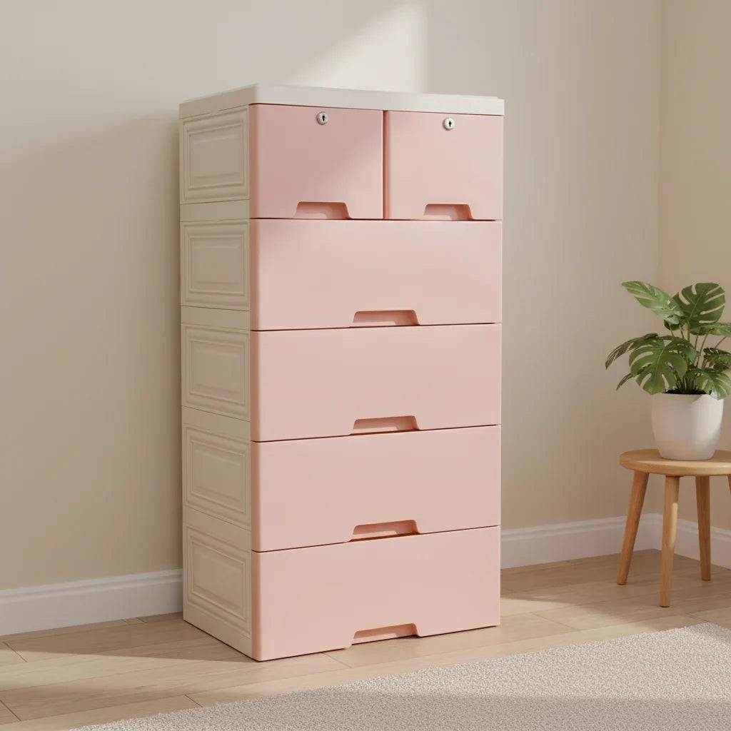 5-Tier Plastic Storage Cabinet – 6-Drawer Lockable Organizer for Bedroom, Closet & Living Room