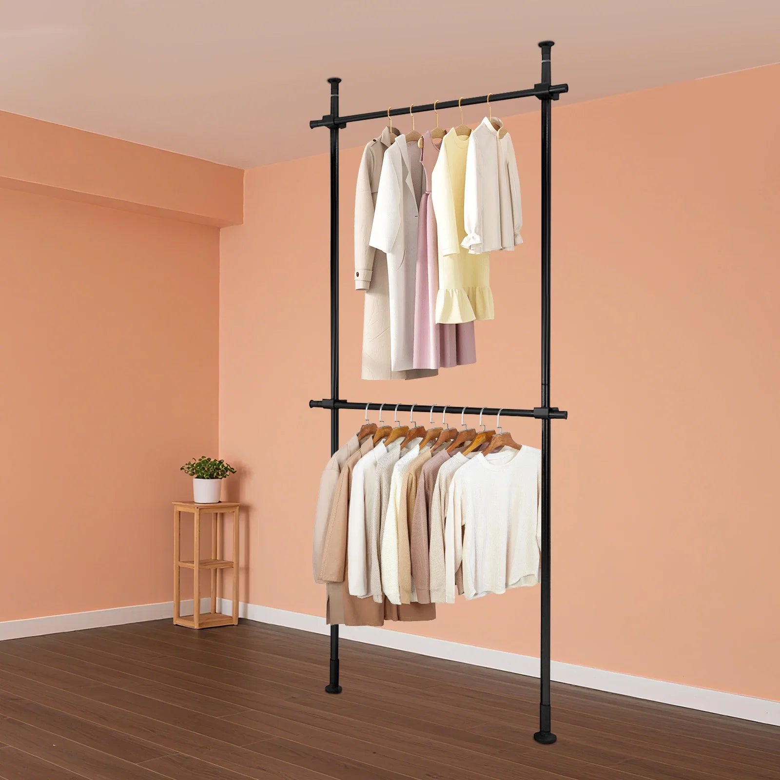 2-Tier Floor-to-Ceiling Clothes Rack – Adjustable Garment Organizer with Hanging Shelf