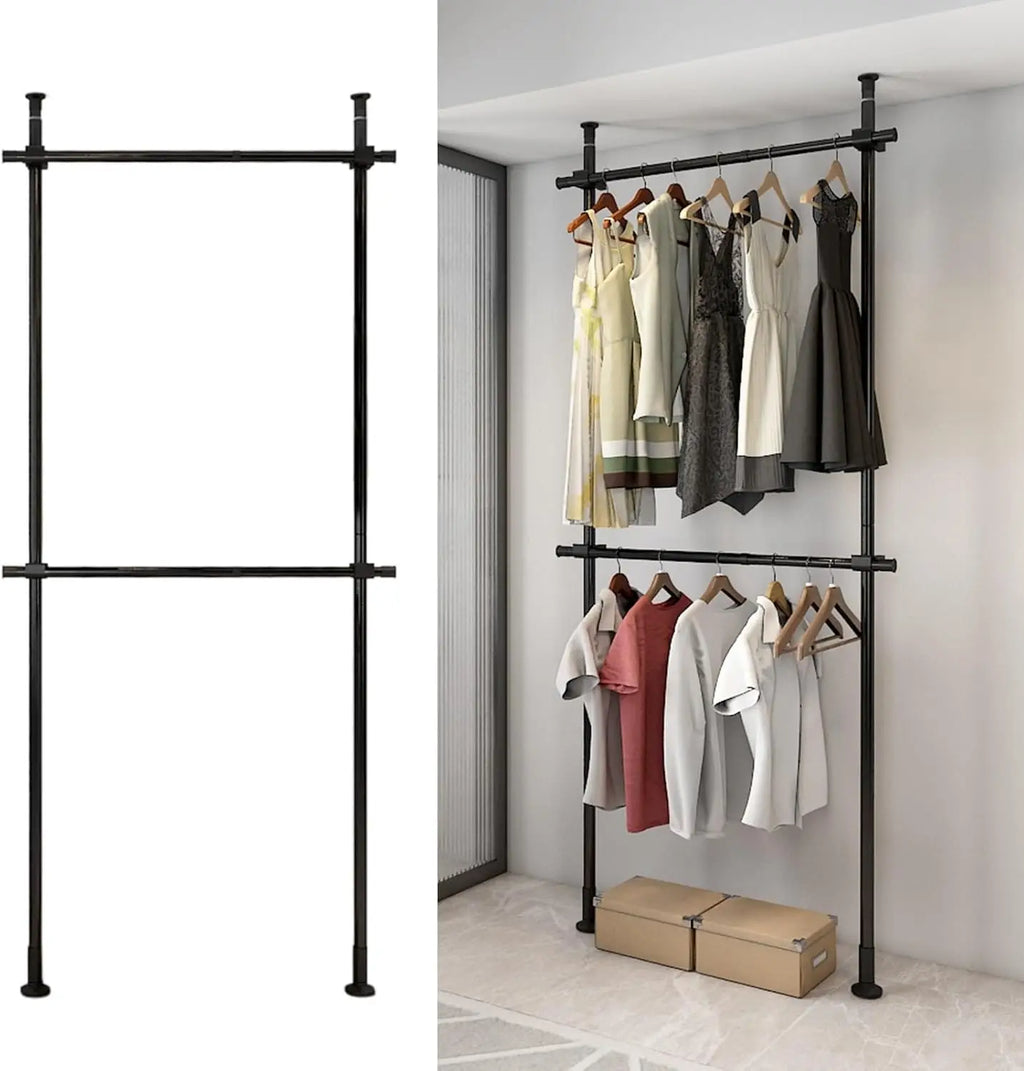 2-Tier Floor-to-Ceiling Clothes Rack – Adjustable Garment Organizer with Hanging Shelf