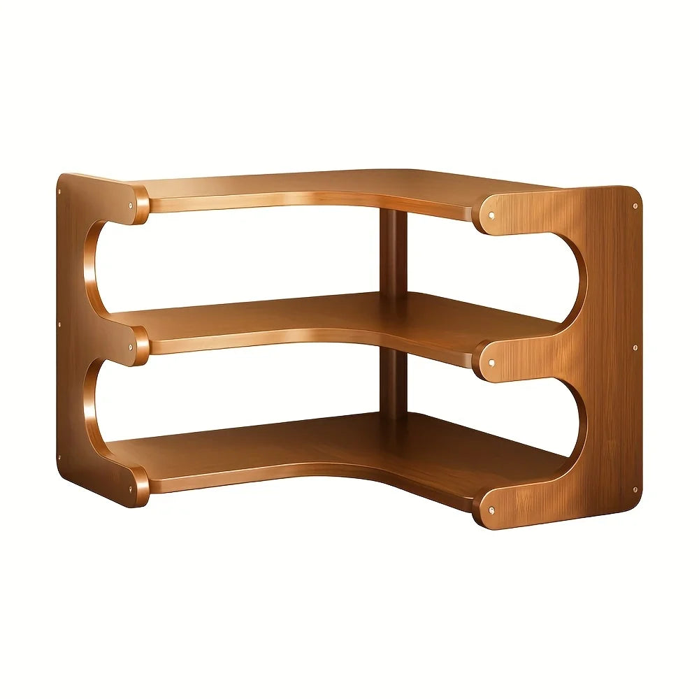 Multi-Tier Bamboo Corner Desk Shelf – Natural Wood Organizer for Books, Plants & Stationery
