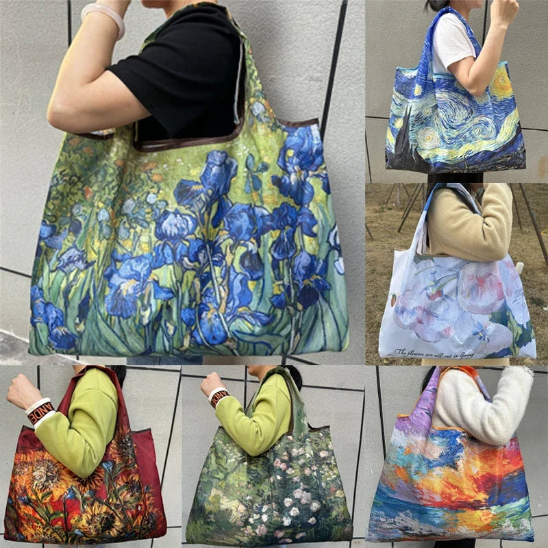 Flower Print Foldable Shopping Bag – Reusable Large Tote, Shoulder Bag & Travel Beach Carryall