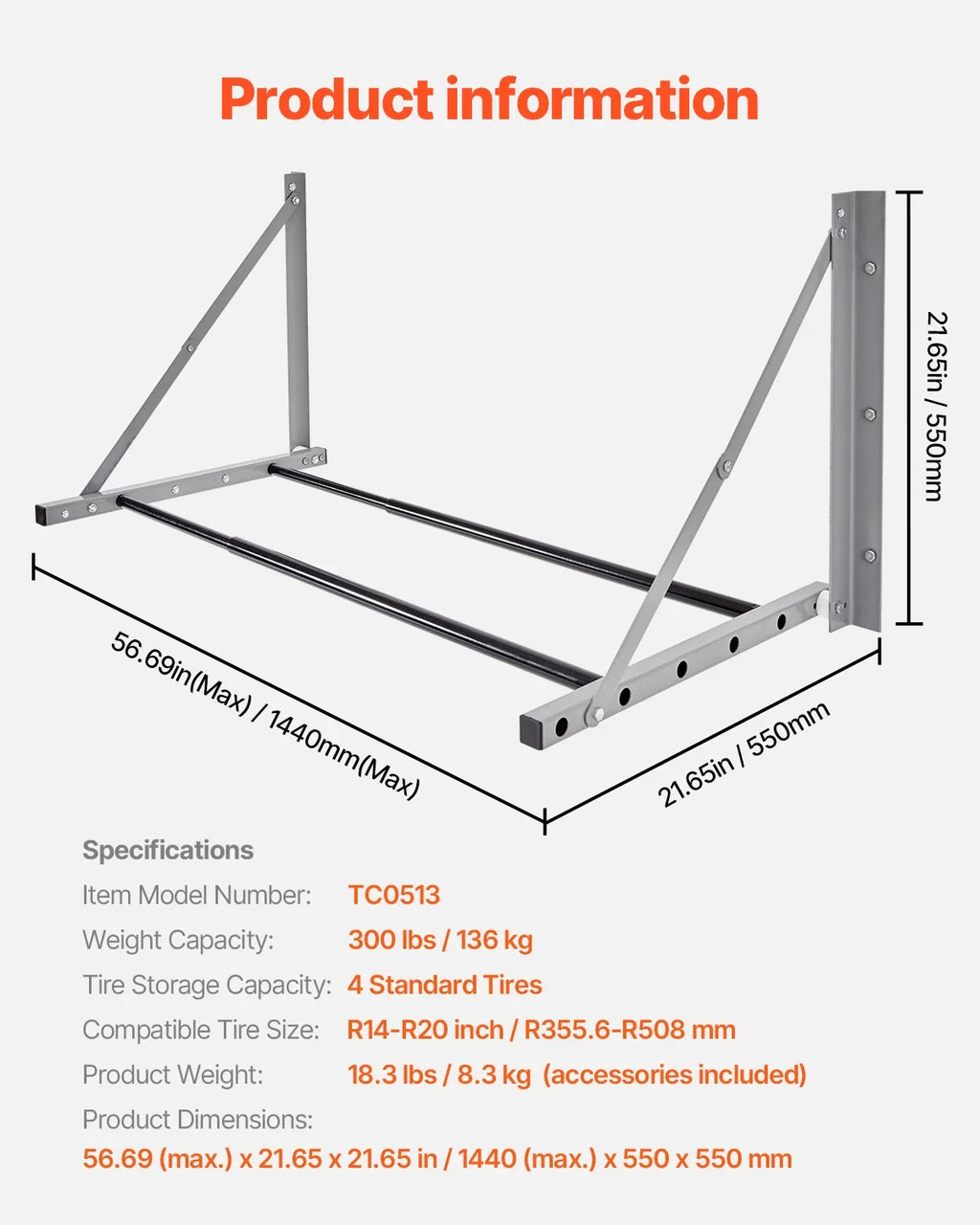 Adjustable Wall-Mounted Tire Rack – Folding Steel Garage & Workshop Tire Storage Organizer