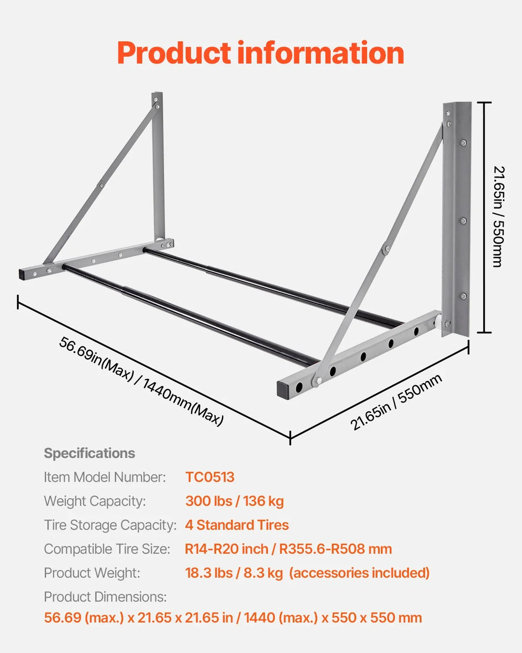 Adjustable Wall-Mounted Tire Rack – Folding Steel Garage & Workshop Tire Storage Organizer