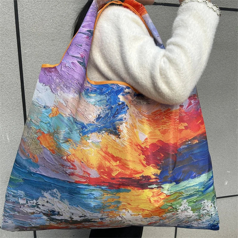Flower Print Foldable Shopping Bag – Reusable Large Tote, Shoulder Bag & Travel Beach Carryall