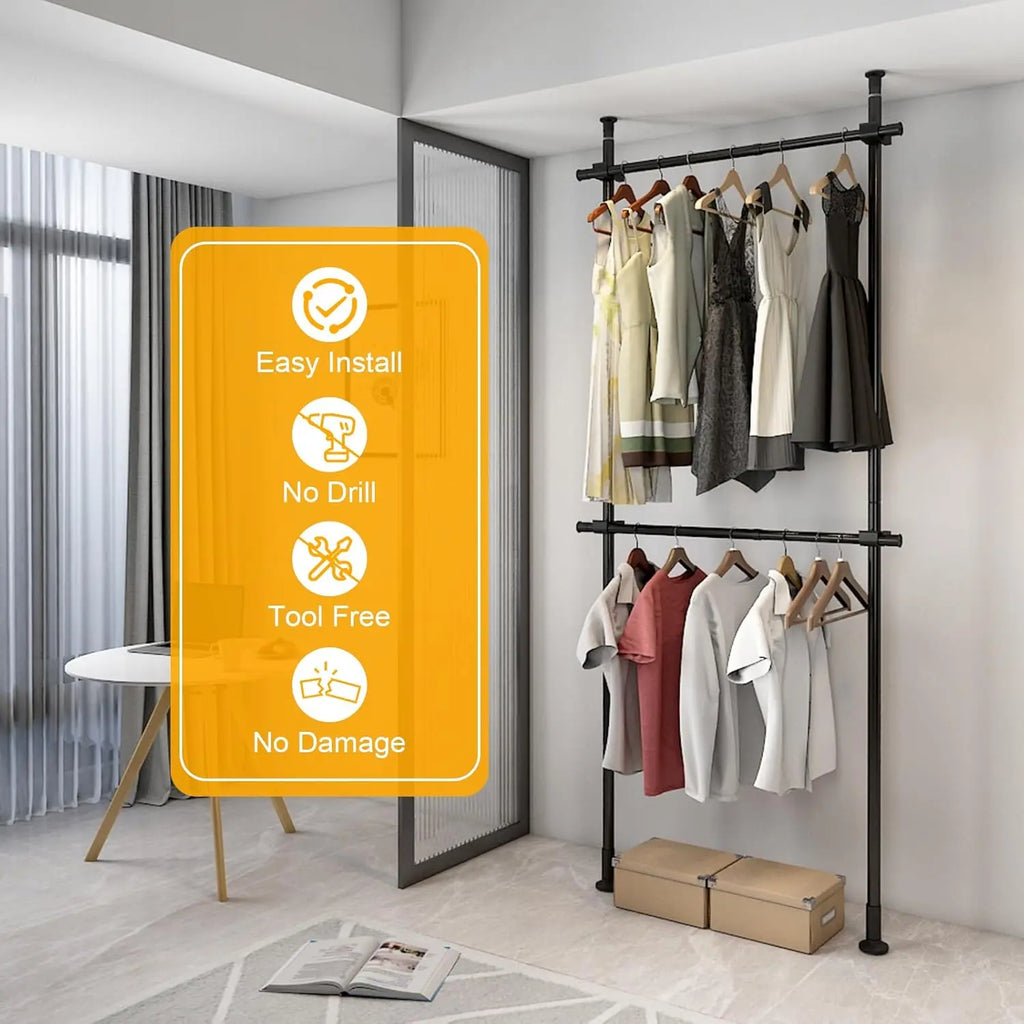 2-Tier Floor-to-Ceiling Clothes Rack – Adjustable Garment Organizer with Hanging Shelf