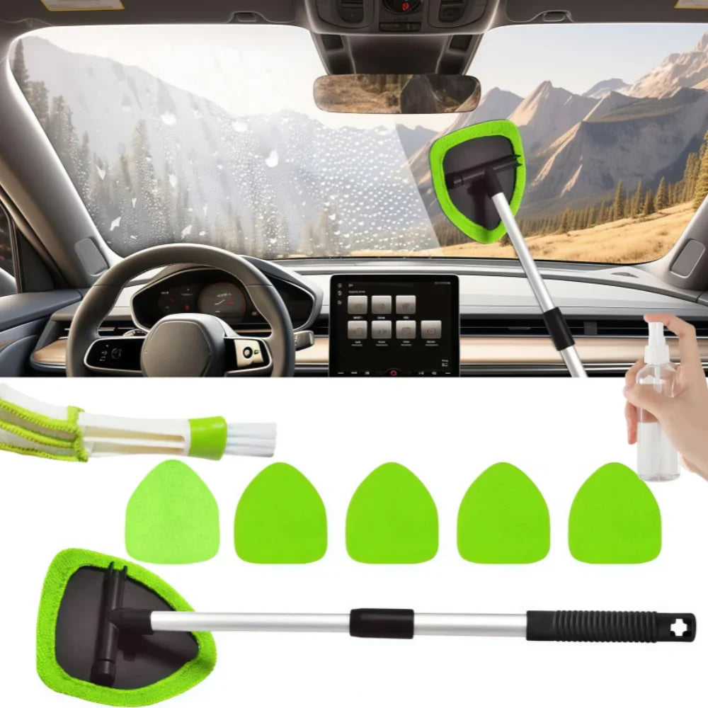 9-Piece Windshield Cleaner Tool Set – Extendable Car Window Brush with 6 Microfiber Pads