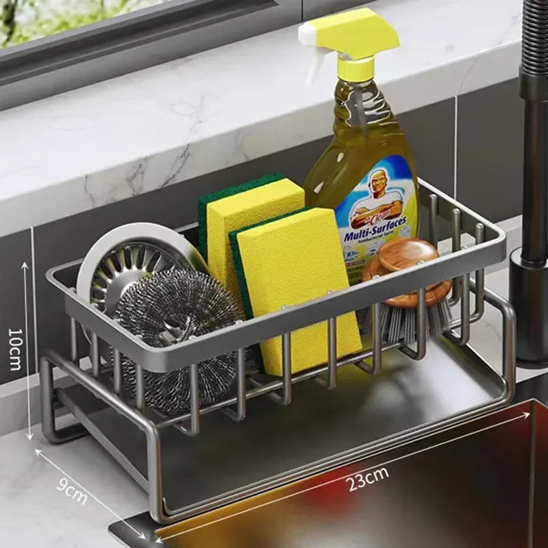 Carbon-Steel Kitchen Sink Organizer – Sponge, Brush & Soap Caddy with Tilted Drain Tray
