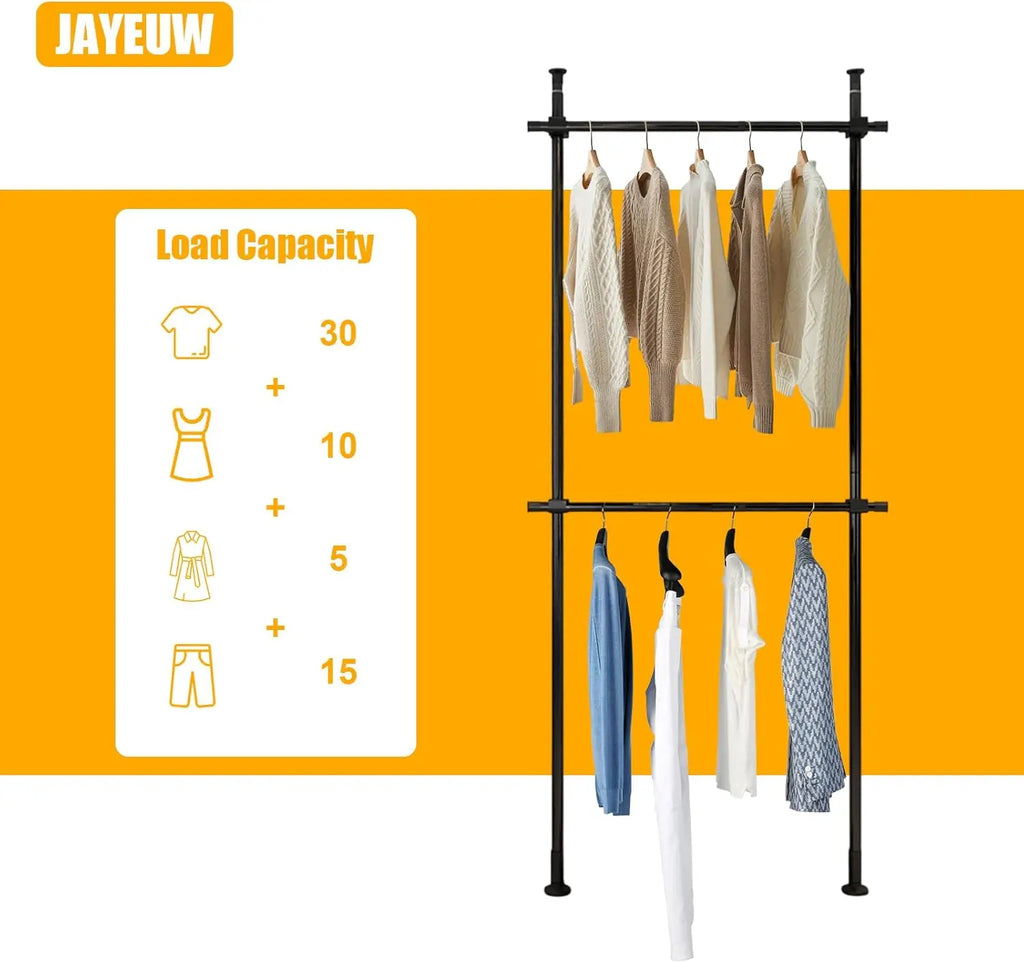 2-Tier Floor-to-Ceiling Clothes Rack – Adjustable Garment Organizer with Hanging Shelf