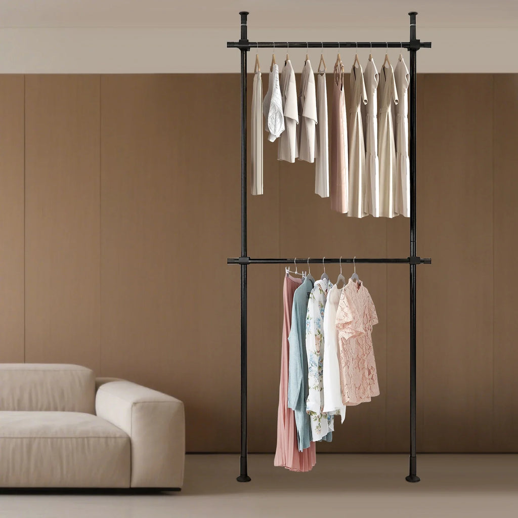 2-Tier Floor-to-Ceiling Clothes Rack – Adjustable Garment Organizer with Hanging Shelf