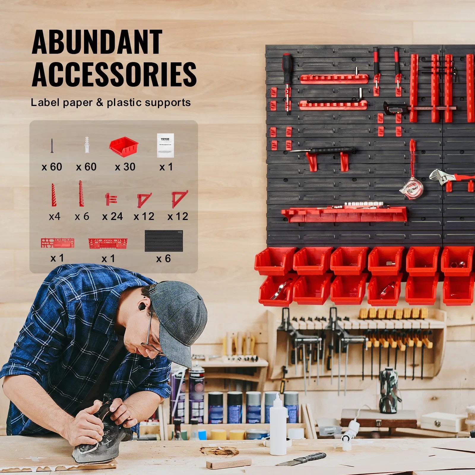 Wall-Mounted Storage Bin System – 48-Piece Parts Organizer with Panels, Hooks & Plastic Bins