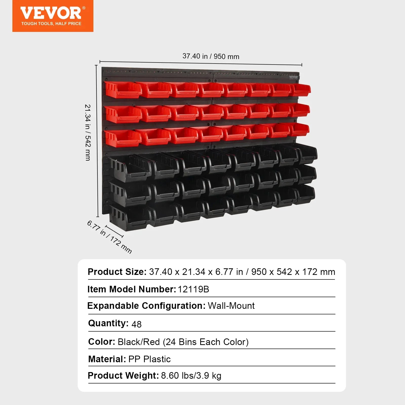 Wall-Mounted Storage Bin System – 48-Piece Parts Organizer with Panels, Hooks & Plastic Bins
