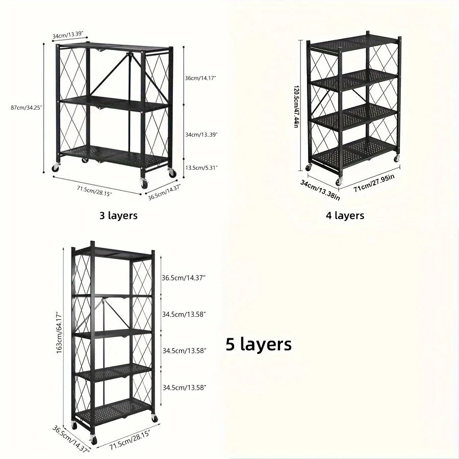 Heavy-Duty Foldable Metal Storage Rack with Wheels – Mobile 3, 4 or 5-Tier Organizer Shelf
