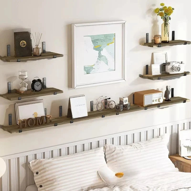 5-Piece Floating Wall Shelf Set – Wood Display Shelves with Iron Frames for Home Storage & Decor