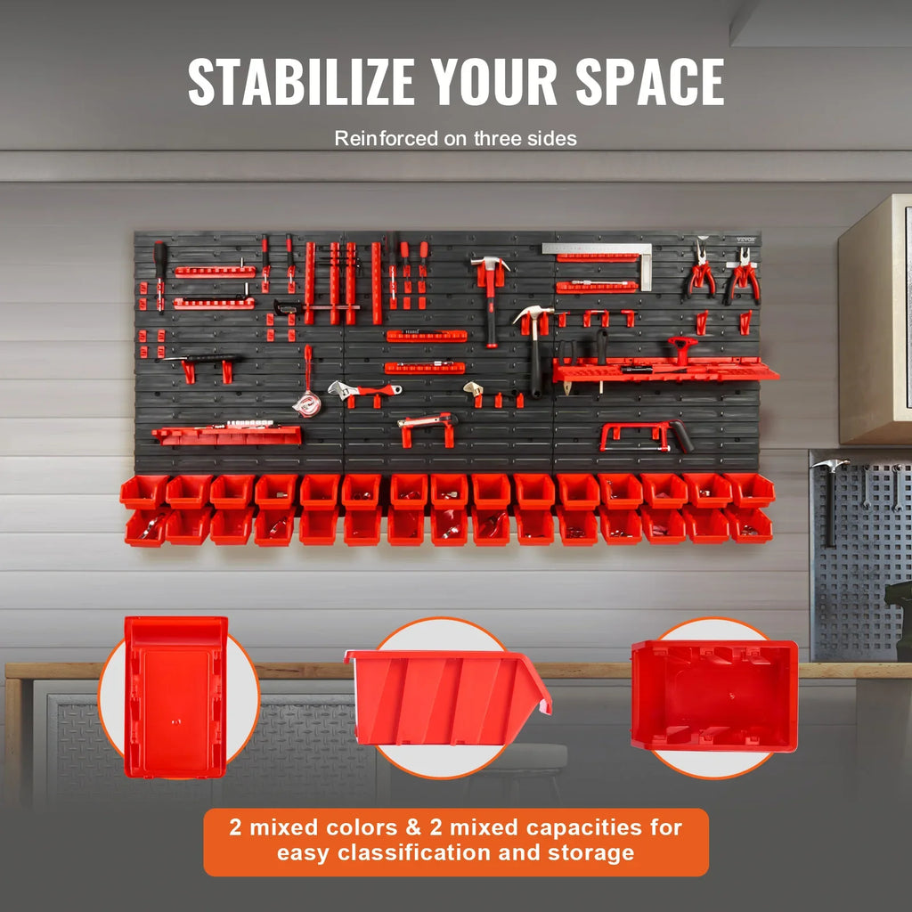 Wall-Mounted Storage Bin System – 48-Piece Parts Organizer with Panels, Hooks & Plastic Bins