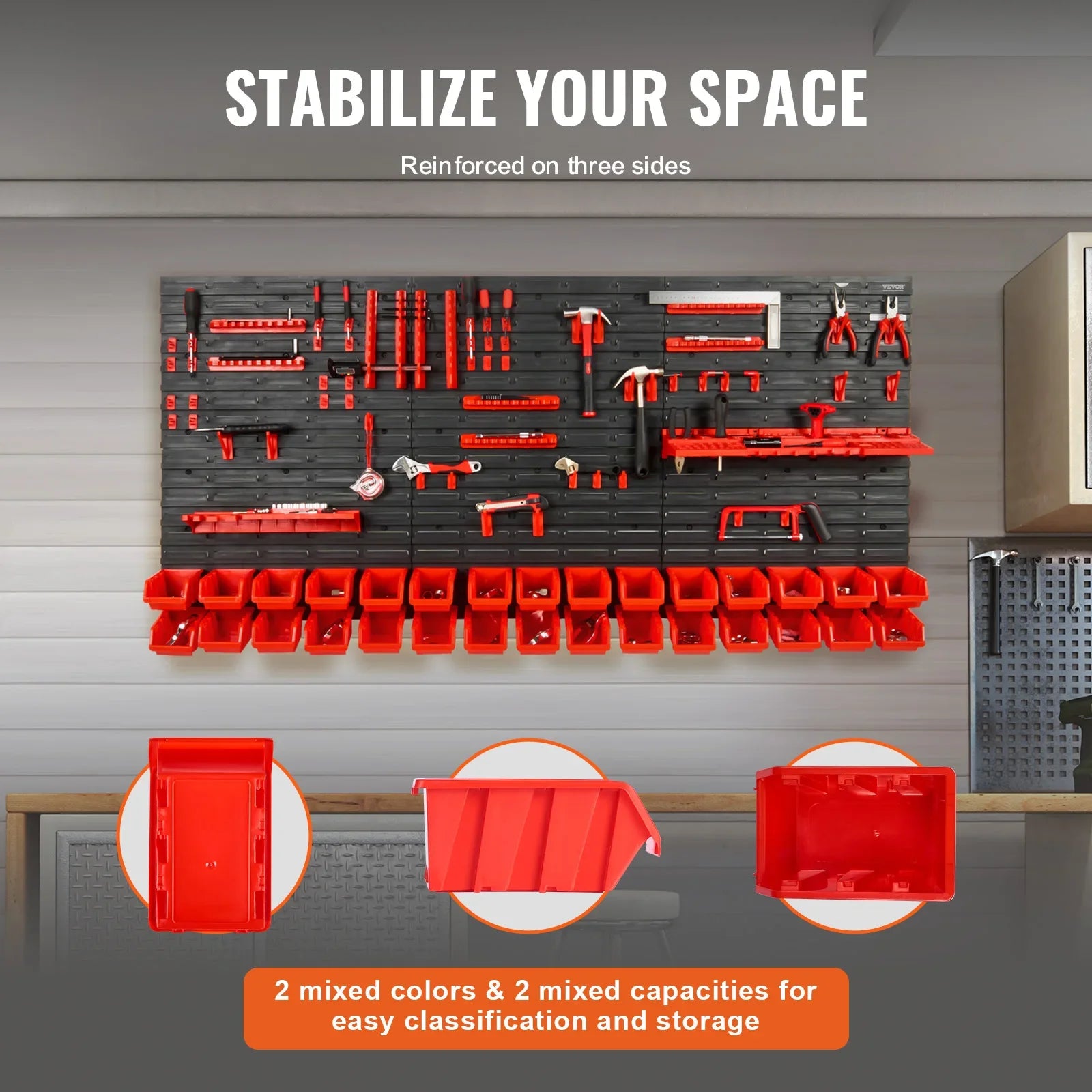 Wall-Mounted Storage Bin System – 48-Piece Parts Organizer with Panels, Hooks & Plastic Bins