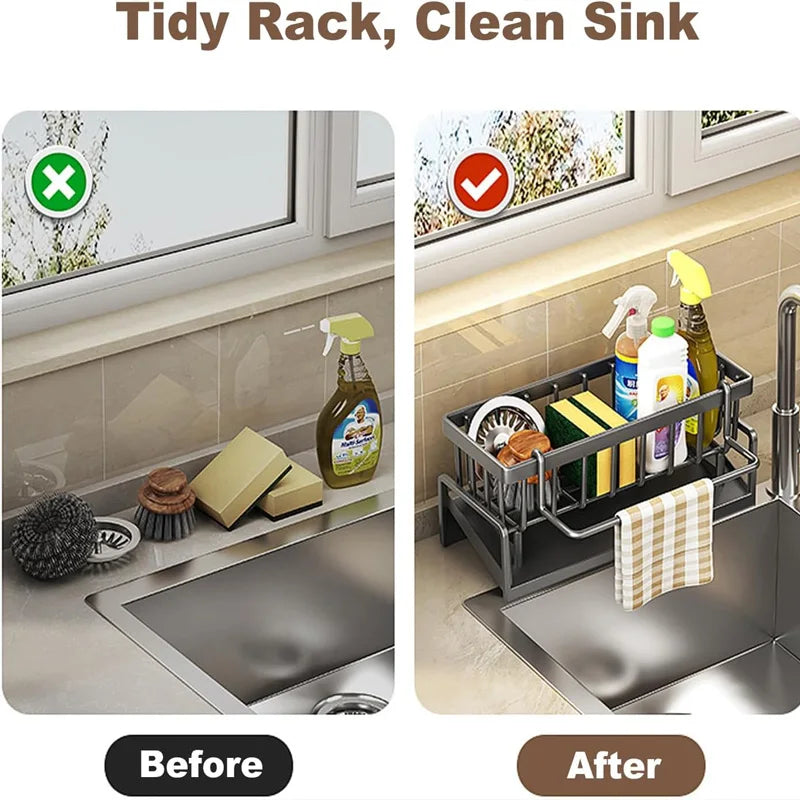 Carbon-Steel Kitchen Sink Organizer – Sponge, Brush & Soap Caddy with Tilted Drain Tray