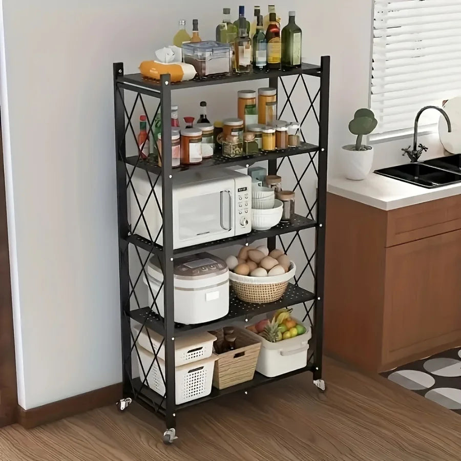 Heavy-Duty Foldable Metal Storage Rack with Wheels – Mobile 3, 4 or 5-Tier Organizer Shelf