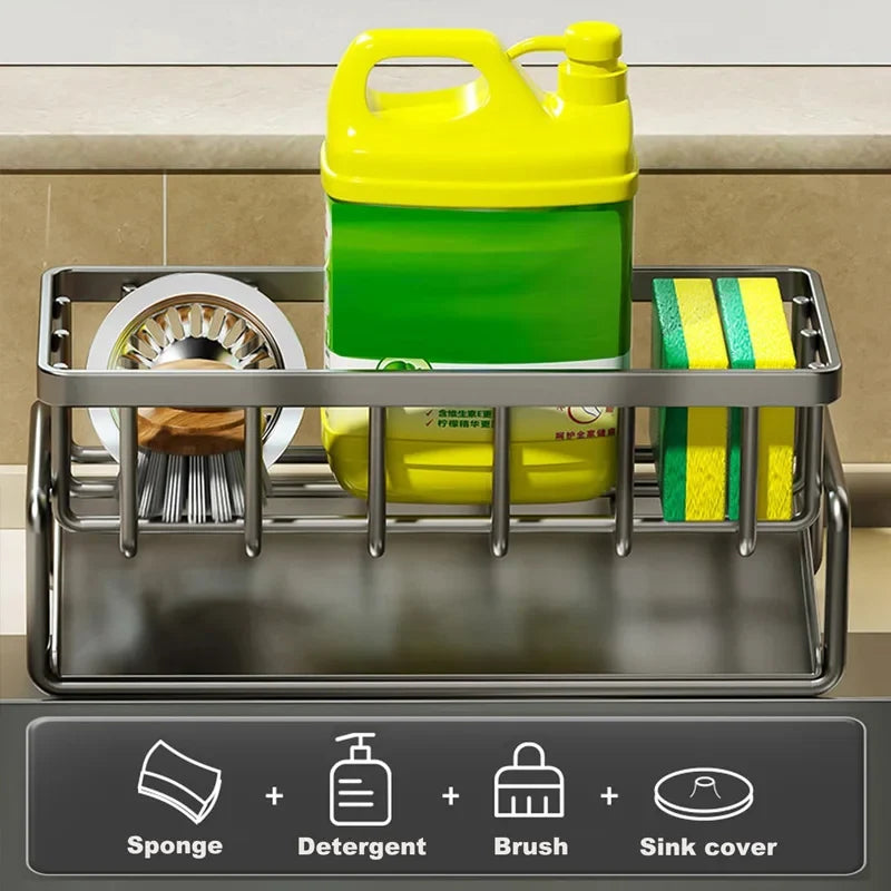 Carbon-Steel Kitchen Sink Organizer – Sponge, Brush & Soap Caddy with Tilted Drain Tray