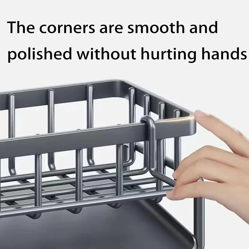 Carbon-Steel Kitchen Sink Organizer – Sponge, Brush & Soap Caddy with Tilted Drain Tray