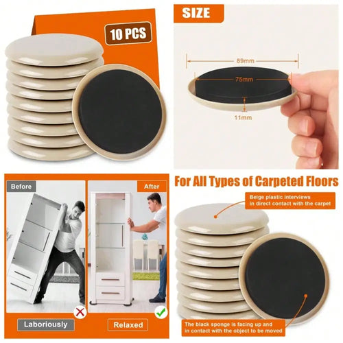 10-Pack Furniture Sliders – Reusable Floor Protectors for Hardwood, Carpet & Easy Moving