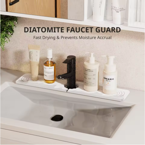 Quick-Dry Diatomaceous Stone Sink Tray, 7.87 x 4 in White Countertop Organizer