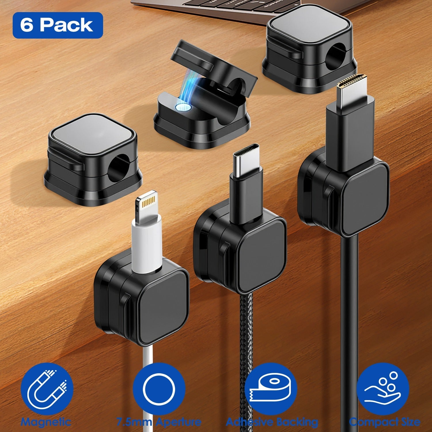 6-Pack Magnetic Cable Clips – Adhesive Cord Organizer Holders for Desks, Chargers & Electronics